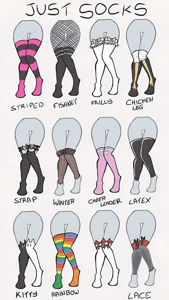 a cartoon image shows different types of socks. it includes striped socks, fishnet stockings, frilly socks, chicken leg stockings, strap garters, winter socks, cheerleader socks, latex stockings, kitty paw socks, rainbow stockings, and lace stockings. the image is titled "just socks."