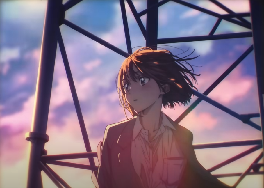 the image depicts an animestyle young woman with short brown hair. she's standing within the framework of a tall, metal structure, possibly an electricity pylon or similar, against a backdrop of a vibrant sunset or sunrise sky painted in shades of pink and purple.  the overall atmosphere is peaceful, melancholic, and aesthetically pleasing,  suggesting a contemplative moment. the girl's expression is somewhat pensive, as she looks off into the distance. the artistic style is detailed and emphasizes soft lighting and colors.