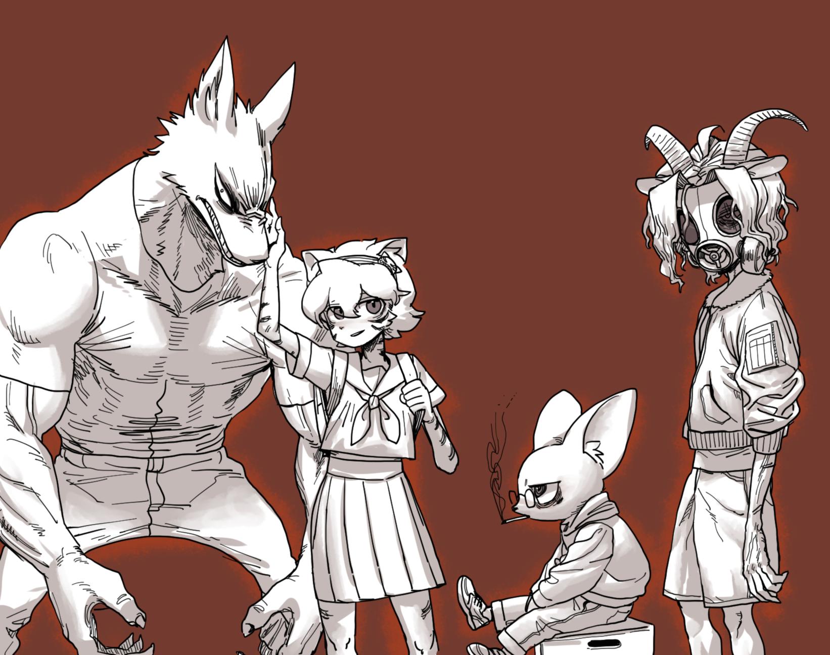 a digital illustration in black and white featuring four characters.  there is a humanoid wolflike monster, two girls, one in a school uniform and the other wearing a gas mask, and a foxlike boy with a cigar in his mouth.  the illustration is done in an anime or manga style.