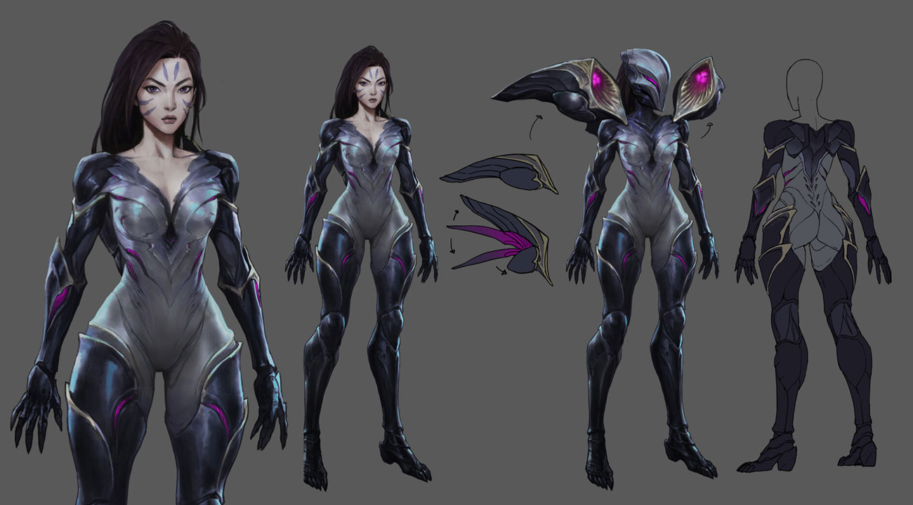 a female character in a futuristic suit with wings. the character is drawn in a digital art style and looks like a cyborg. there are some drawings of her wings on the right side.