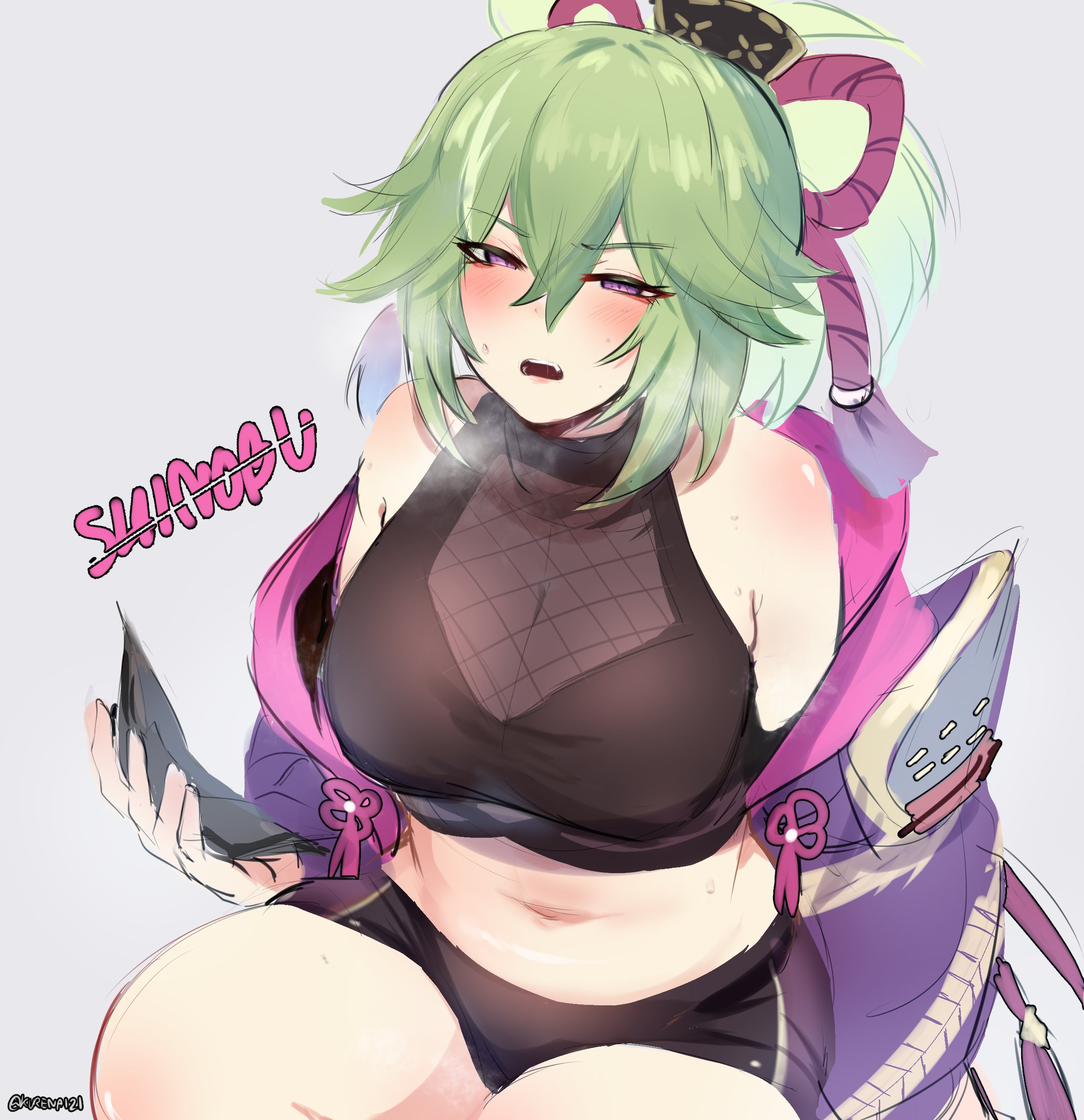 this is a digital art drawing of a young anime girl with green hair, wearing a pink shirt and black shorts. she has her green hair tied up in a ponytail with a pink ribbon. she has a bright pink and purple jacket on, and is looking down at something with a slight smile. she has a slight blush on her cheeks and is giving off a cheerful, happy aura.  the drawing is done in a very high resolution and high detail, with realistic textures and shading.
