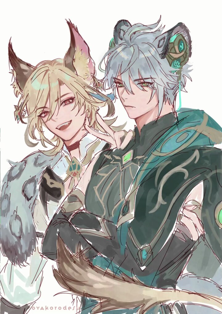 the illustration depicts two anime boys with animal ears. one is blond with cat ears and red eyes and the other is whitehaired with green eyes and wolf ears. they appear to be a couple based on the expressions of the boys and the poses.  the illustration is made with a rough style, almost a sketch, and there is a faint digital texture.