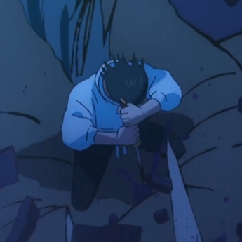 a young man with short, dark hair sits amidst a pile of rubble at night. he clutches a bloody knife in his right hand, his head bowed in what appears to be pain or despair.  the scene is lit by cool moonlight, casting long shadows and creating a somber and unsettling atmosphere.