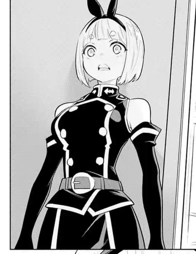 a black and white illustration of a young anime girl with black hair and white pigtails in a black uniform with white buttons and stripes. her eyes are wide with fear and she is standing and looking to the left of the image.  she appears to be reacting to something off screen.