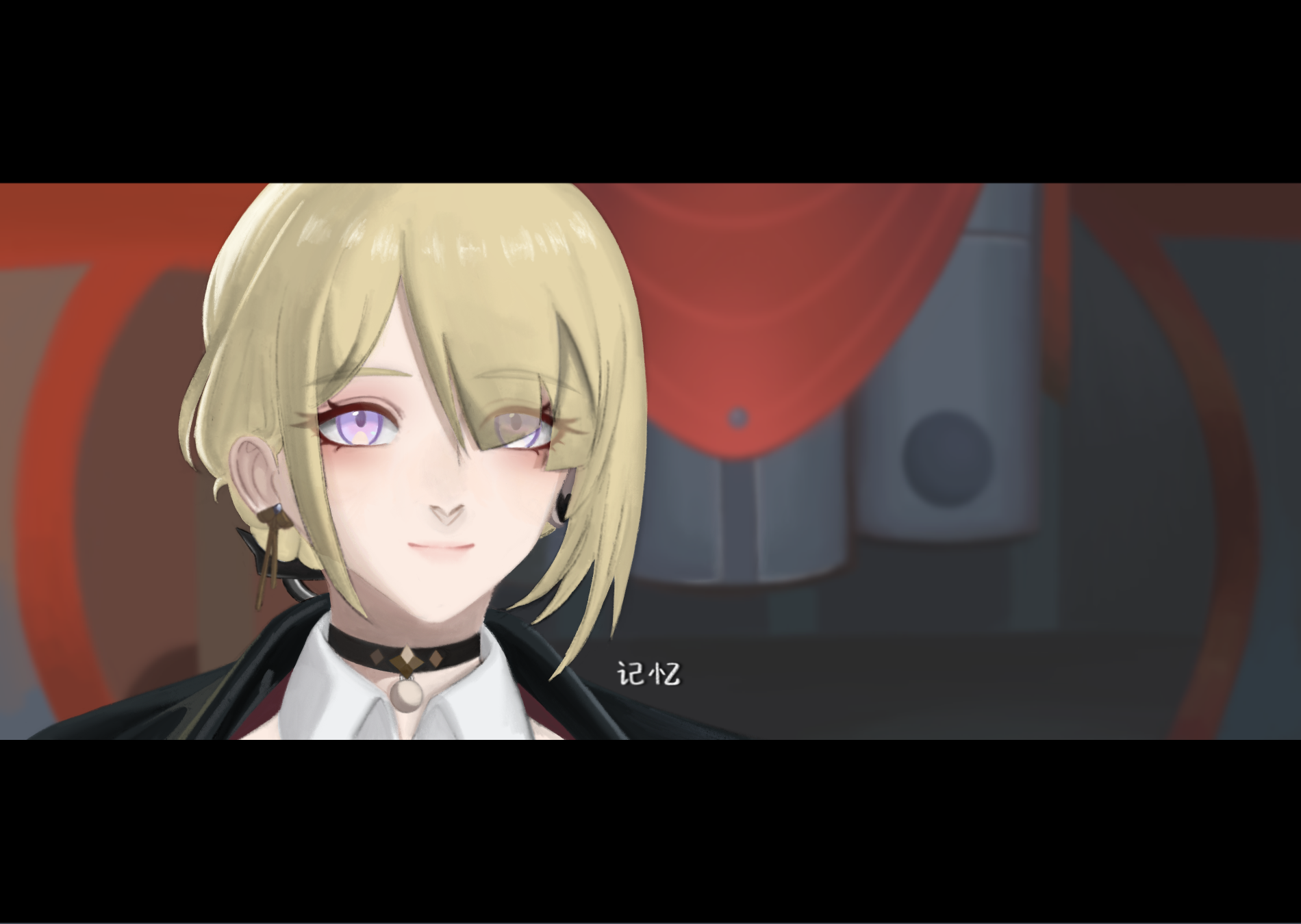 he image is a digital drawing of a young animestyle girl with blonde hair and purple eyes. she has a pleasant expression and is dressed in elegant clothing, including a dark jacket, white shirt, and a choker necklace.  she is depicted from the chest up, and the background appears to be a blurred scene of some sort of futuristic or techinspired environment. some japanese text is visible in the background. the art style is clean and detailed, suggestive of a digital illustration or fanart piece.
