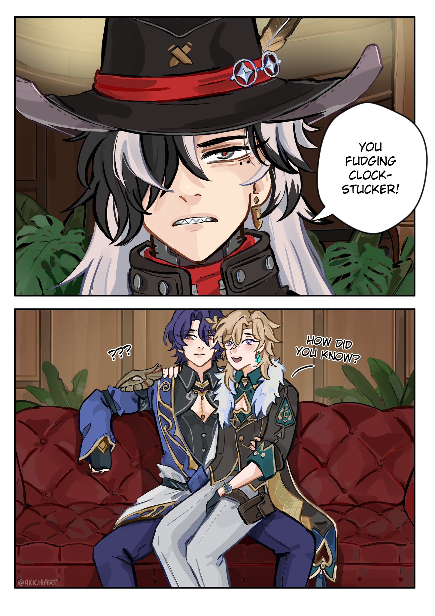 the image shows a scene from an anime manga. the character in the top part of the image is a boy in a black hat, red shirt, and dark jacket. he has white hair and is looking angry. he seems to be surprised and shocked, maybe even questioning something. the bottom part shows two boys on a couch. the boy on the left is wearing a dark blue suit with a gold accent. the boy on the right is wearing a light blue jacket with white fur collar and a gold sword at his side. they seem to be in a romantic relationship, as the boy on the left has his arm around the other. the boy on the left is confused and curious. the background in the top part of the image shows plants. the background in the bottom part of the image shows a couch in a room. the image is colored and drawn in an anime style.