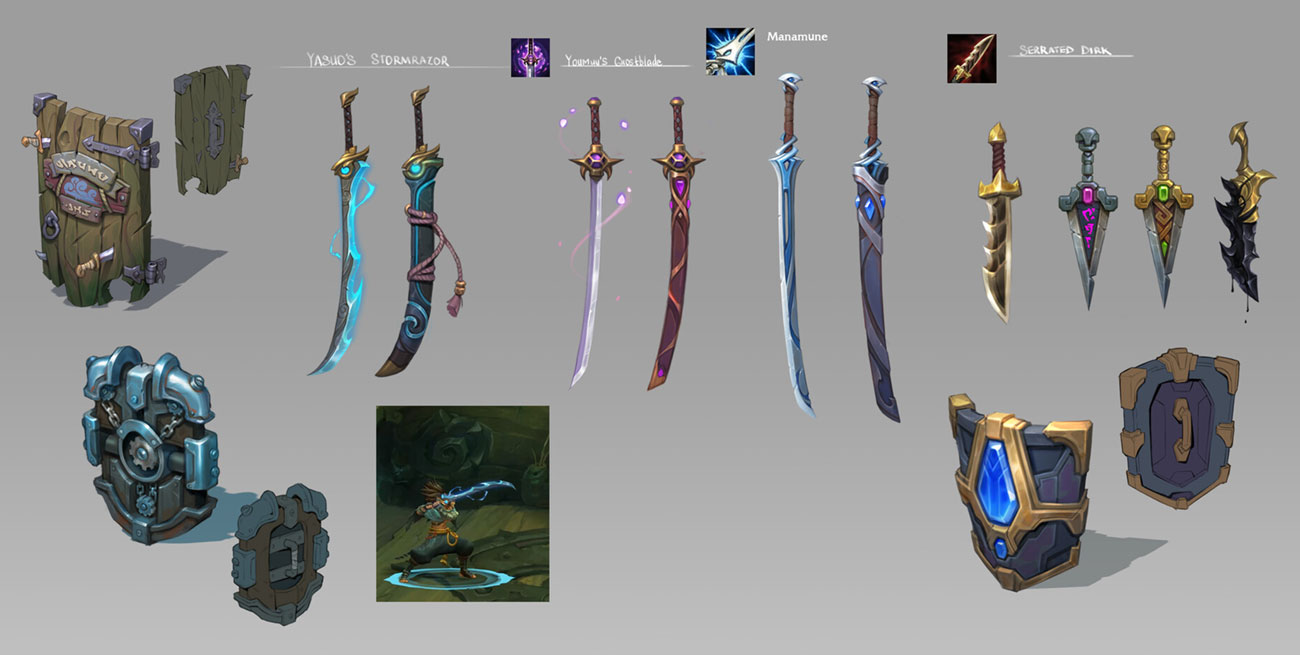 this image shows a collection of different ingame items from the popular video game league of legends. the items shown are swords and shields that characters use to defend themselves and attack their opponents. the items are arranged in rows, and the names of the items are shown above each row. the image is from a game design document, which shows how the items look in the game.  the items are welldrawn and detailed, and the image is visually appealing.