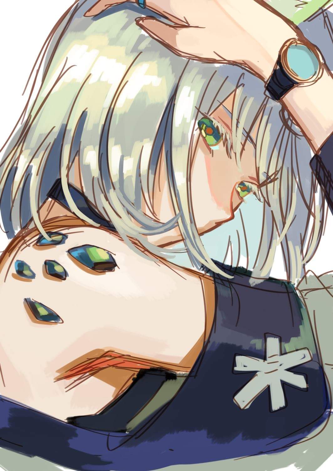 a closeup shot of an anime character. she has white hair and green eyes. she's wearing a black and white shirt with a blue collar. she has her hand on her head, and her eyes are closed. she is looking down with her face slightly tilted towards the viewer. there are some sparkling eyelike things on her shoulder. she's also wearing a watch on her wrist.