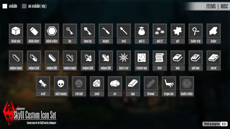 this is an image showing a custom icon set for skyrim, a popular rpg video game. the image shows a grid of icons representing various items and objects found in the game, such as weapons, armor, ingredients, and other miscellaneous items. the icons are arranged in a clean and organized layout, and each one is designed in a simple yet recognizable style. the image is accompanied by text indicating that the icons are custommade and in a work in progress state.