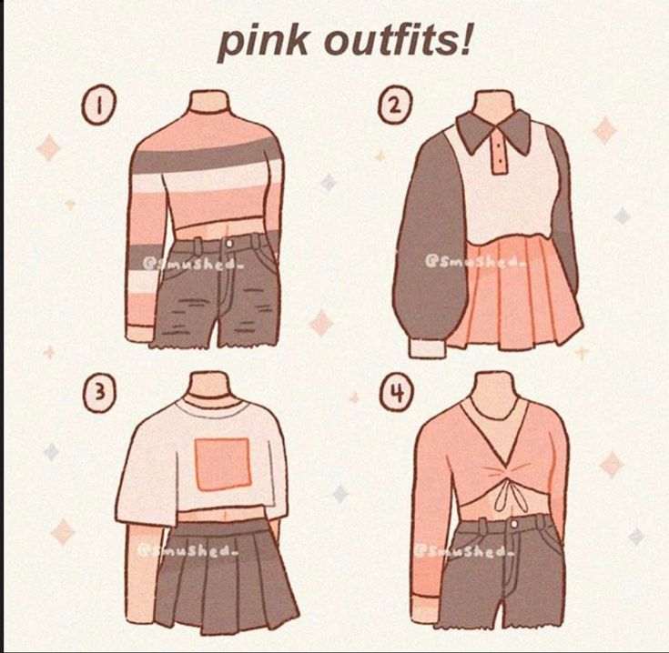 the image presents four different pinkthemed outfit ideas drawn in a cartoon style. each outfit showcases a unique combination of clothing items, including crop tops, shirts, skirts, and pants, all rendered in shades of pink, black, and white. the outfits are displayed on featureless mannequins, emphasizing the clothing itself without distractions. the image provides a visual source of inspiration for those seeking cute and stylish pink outfit combinations.