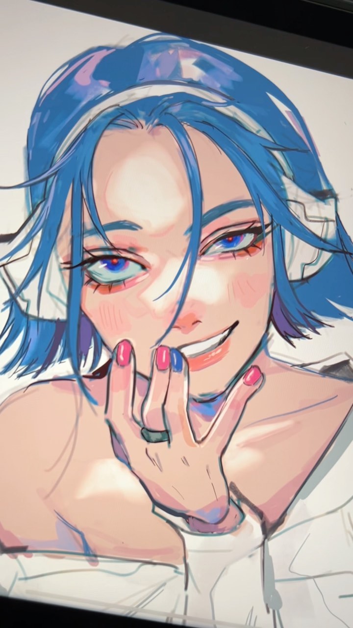 the image is a digital painting or illustration of a young woman with vibrant blue hair partially covered by white headphones. she has a cheerful expression, a sly smile and is touching her face with a hand displaying pink and blue painted nails. she's wearing a simple, lightcolored top, and a dark band or ring is visible on her ring finger.  the art style is animeinfluenced, featuring soft, yet detailed features, and a somewhat loose, painterly technique, with visible brush strokes. the overall color palette is bright, focusing on blues, pinks, and lighter skin tones. the closeup view emphasizes the character's face and expression.