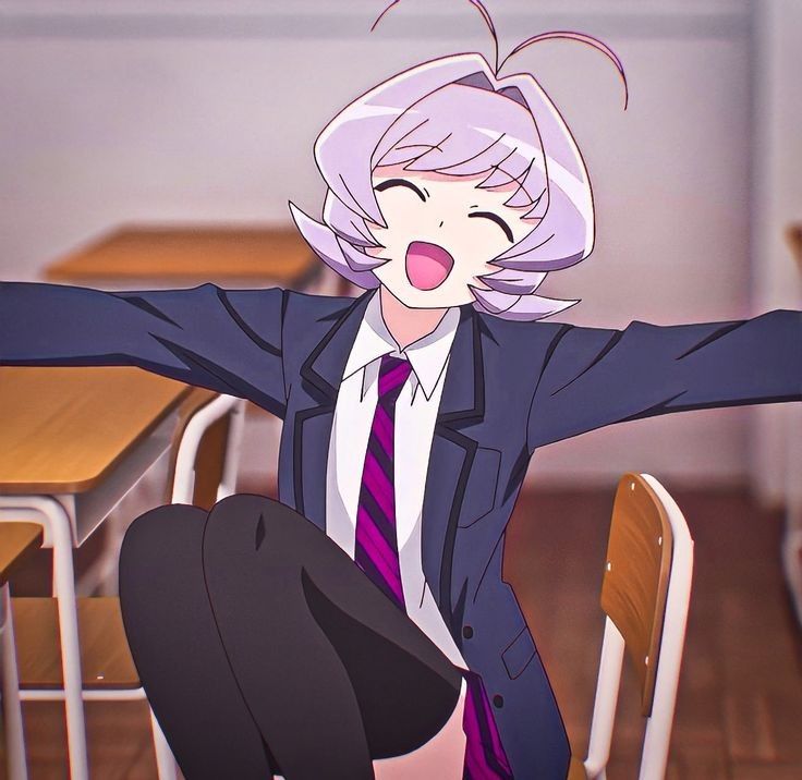 the image shows an animestyle girl with short, light purple hair, wearing a dark blue school uniform blazer, a white shirt, a purple and black striped tie, and black kneehigh socks. she is sitting on a chair in a classroom, with her arms outstretched in a joyful expression. the background depicts typical classroom furniture like desks and chairs. the overall style is vibrant and cheerful, typical of anime artwork.