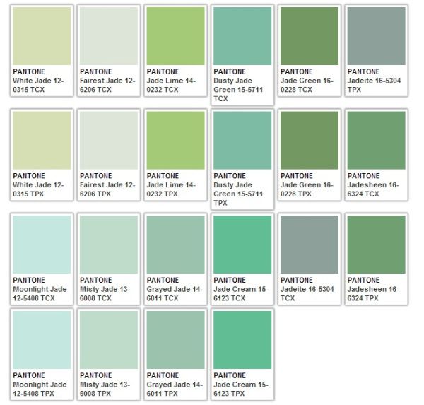 the image showcases a collection of pantone color swatches, specifically featuring a range of green and jade shades. each swatch includes the pantone name and identifying code. the swatches are arranged in a grid pattern, providing a visual representation of the color variations. the color palette includes shades like white jade, fairest jade, jade lime, dusty jade green, jade green, jadeite, jadesheen, moonlight jade, misty jade, grayed jade, and jade cream. the swatches are labeled with tcx or tpx, indicating the material or printing process.