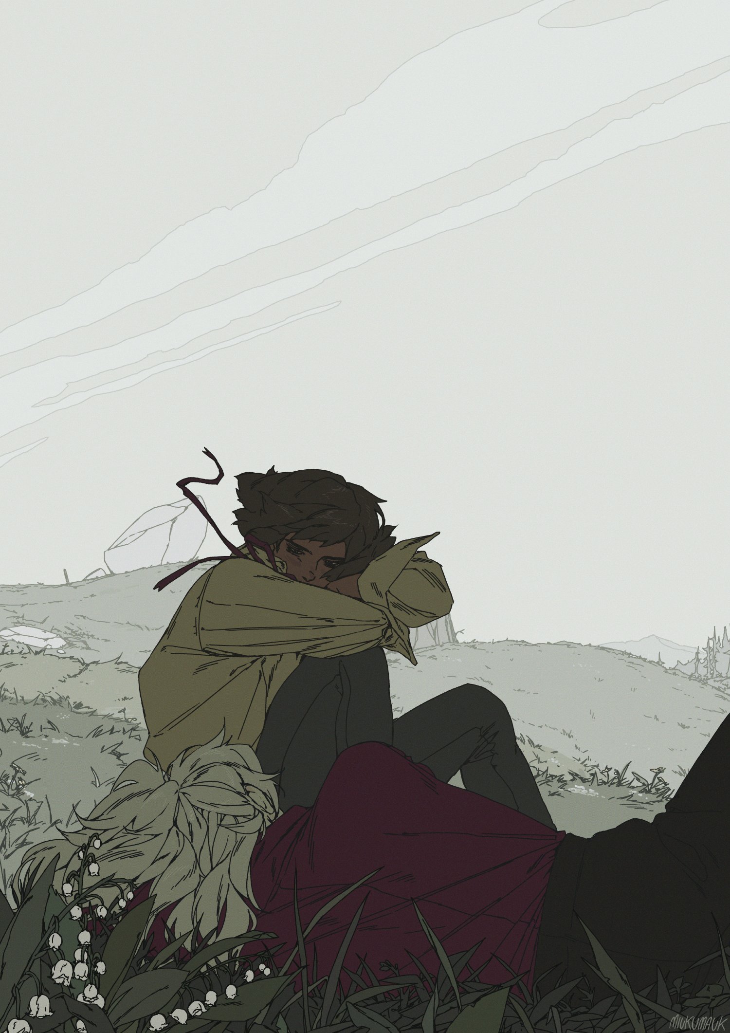 a digital illustration of two people in an outdoor setting. one person is sitting down with their head in their arms and the other person is lying on the ground, facing away from the viewer. both people are facing a cloudy sky. there are flowers on the ground, possibly lily of the valley. the illustration appears to be a depiction of sadness or grief.