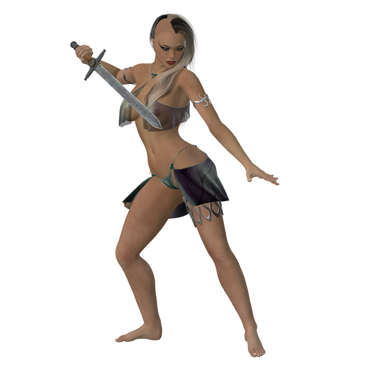 a female warrior in a fantasy setting is depicted holding a sword. she is barefoot and wearing a minimal outfit including a bra, mini skirt and jewelry. her hair is styled in a halfshaved style. the background is black. she is posed in a dynamic stance, as if ready to fight.