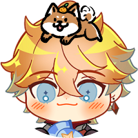 a cute chibi cartoon character with bright blonde hair and big blue eyes is blushing and smiling happily. they are wearing a red and blue outfit and have a small orange puppy perched on their head. the image is in a kawaii anime style with vibrant colors and a whimsical aesthetic. the character looks happy and playful.