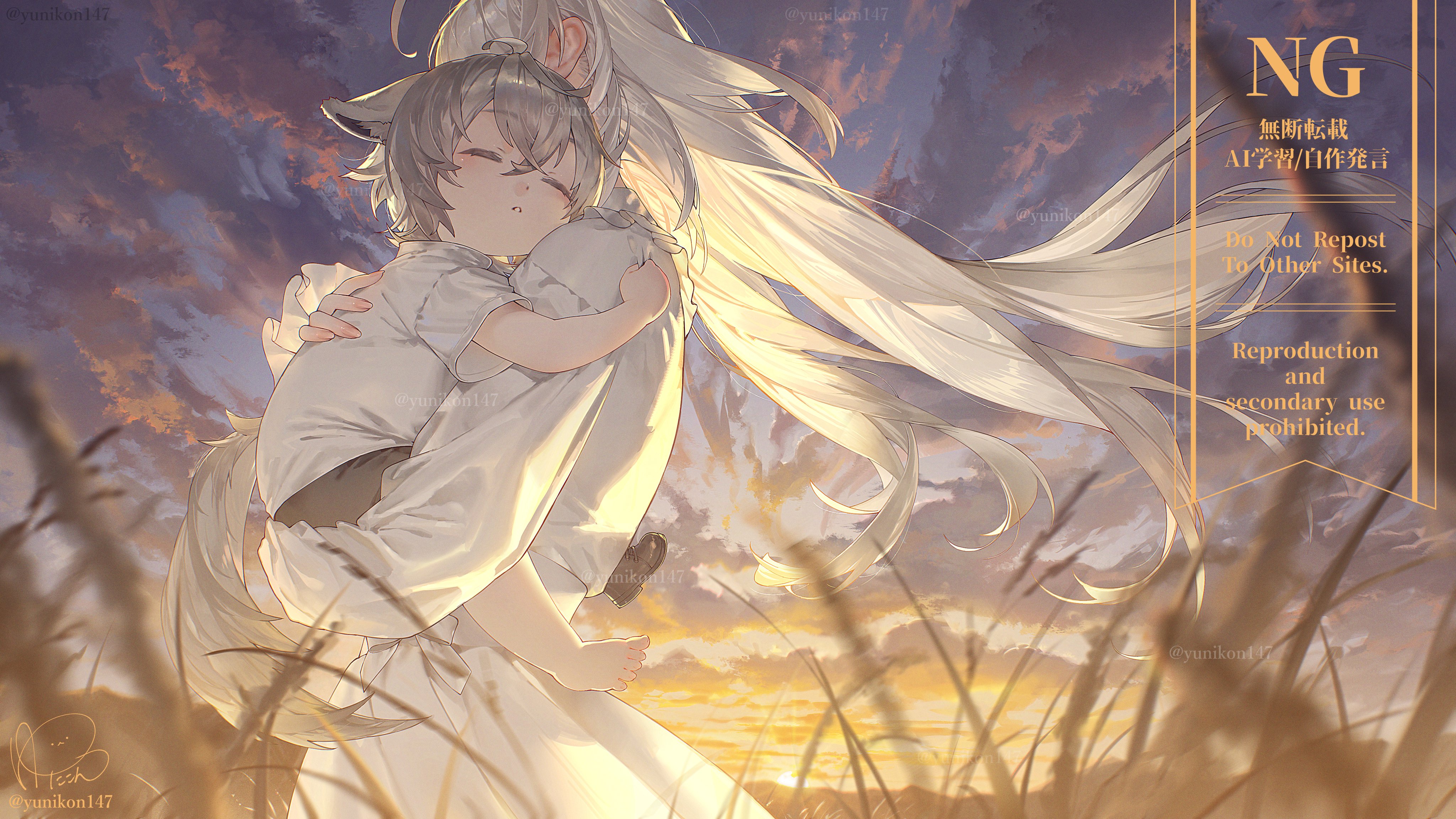 the image depicts a digital illustration featuring two animestyle characters in a field during a sunset. an adult with long, flowing white hair is embracing and holding a child with gray hair and wolf ears. the background includes a vibrant sunset and tall grass. the image also includes a copyright notice and artist signature. the mood of the image is warm and affectionate.