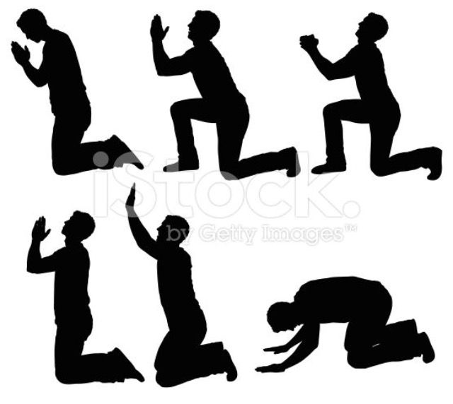 the image shows six black silhouettes of men in praying poses, all kneeling and with their hands raised, against a white background.  the men are in various poses of prayer, some with their heads bowed and others with their heads lifted.  each pose conveys a different aspect of prayer, from humility to hope.
