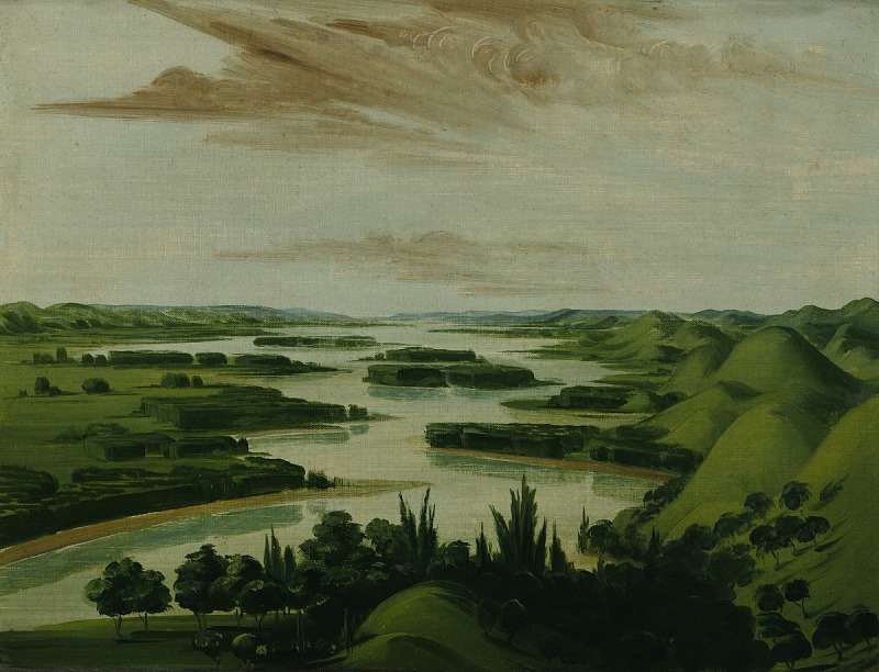 the painting depicts a vast, green landscape with a wide river snaking through it. lush, green hills rise on either side of the river. scattered islands with dense vegetation dot the river's surface. in the foreground, dark green trees and foliage fill the lower part of the frame. above, the sky is a light grayishblue, with streaks of brownish clouds stretching across the upper portion of the painting. the overall perspective gives an aerial view of the scene.