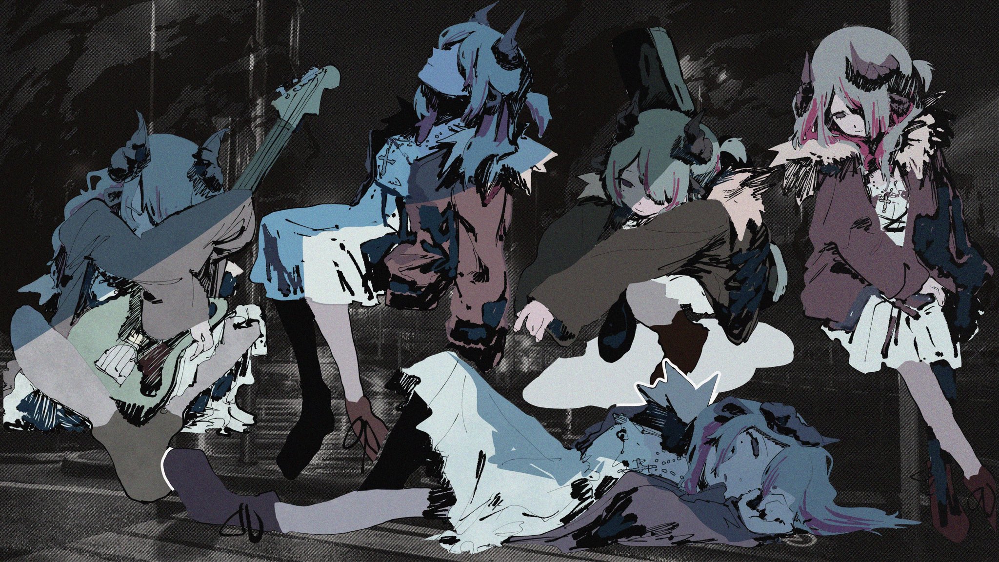 an animestyle illustration featuring a group of girls with horns, possibly depicting a band or musical group. the scene is set on a street at night, with the girls in various poses, some sitting, one laying down, and one holding a guitar. the overall mood is dark and melancholy.