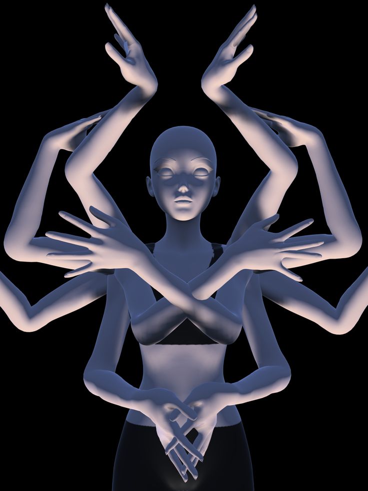 a surreal image of a woman with multiple arms, each holding a different pose. the woman's face is serene and focused, with her eyes looking directly at the viewer. the image has a dark and mysterious tone, with the woman's figure standing out against a black background. the image is full of intricate detail, with each arm and finger carefully rendered. the woman's body is strong and graceful, suggesting a powerful and balanced being.