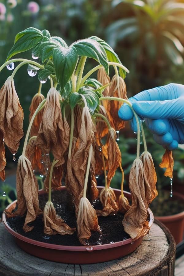 a closeup view of a wilted plant with brown, dried leaves.  the plant appears to be dead or dying. it is sitting in a pot, and a gloved hand is shown touching one of the wilted leaves.