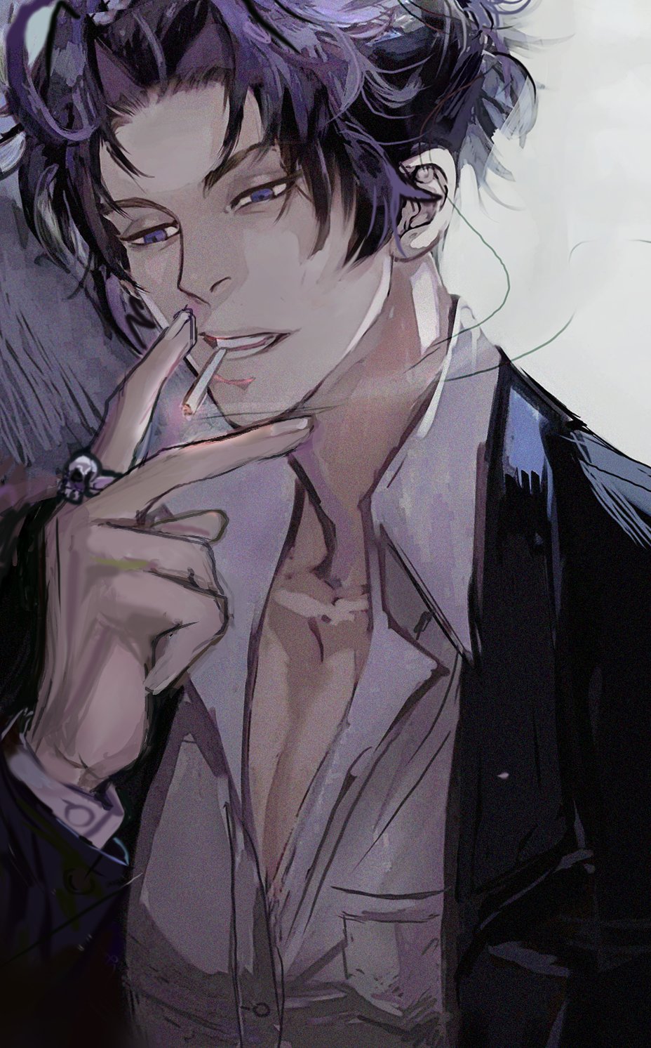 this is a digital illustration of a stylish male anime character with purple hair and a small smile. he is wearing a black jacket over a white button down shirt, with a ring on his finger. he is holding a cigarette in his right hand and smoking. the drawing style is a bit rough and uses a muted purple and grey color palette. the background is a soft white.