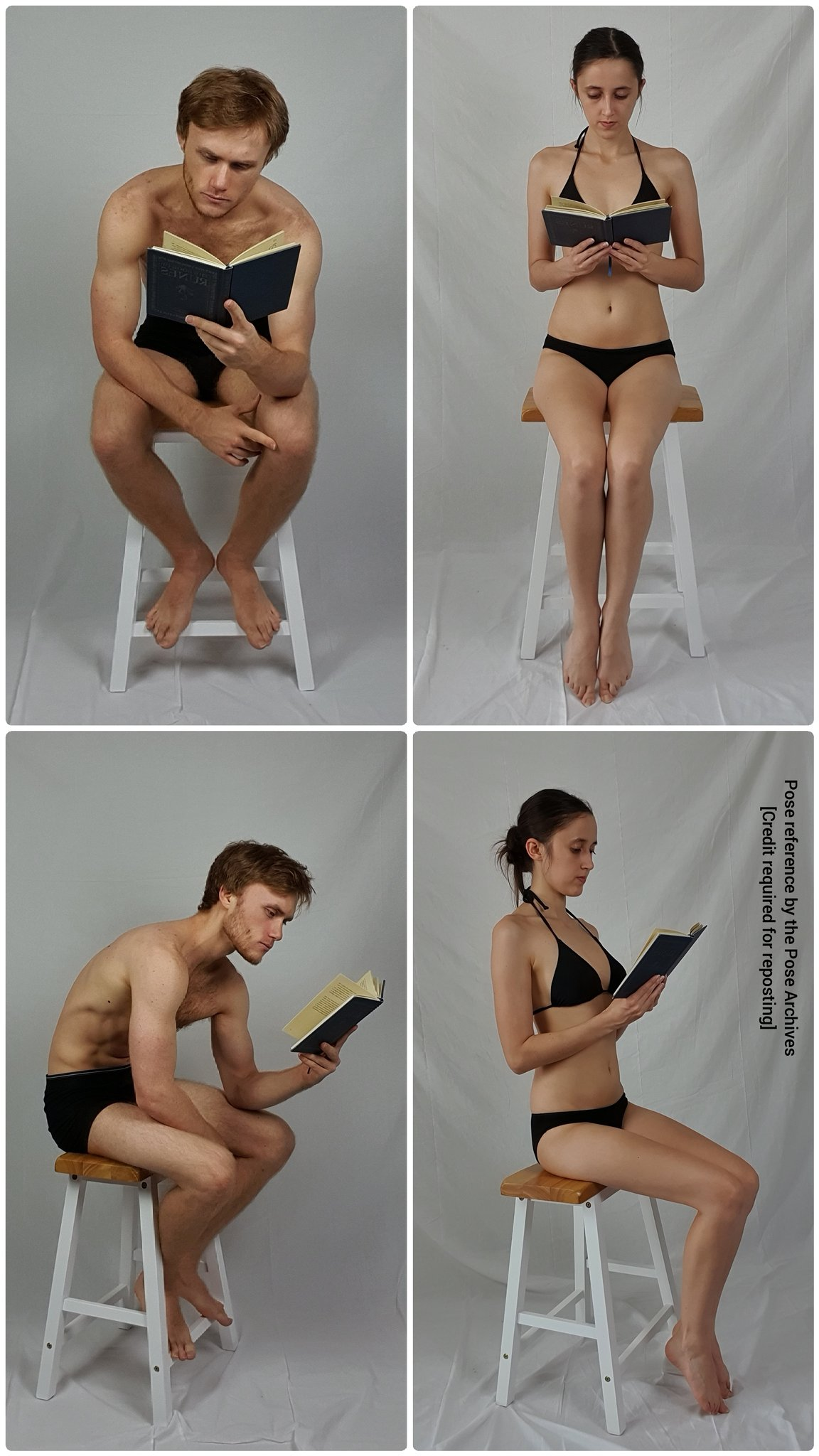 the image features four reference photos of two individuals, a male and a female, posing in a studio setting. they are both seated on stools and depicted in various poses while holding a book. the man is shirtless in two of the photos, while the woman is wearing a twopiece swimsuit. the images are welllit with studio lighting, and the perspective is at eye level.
