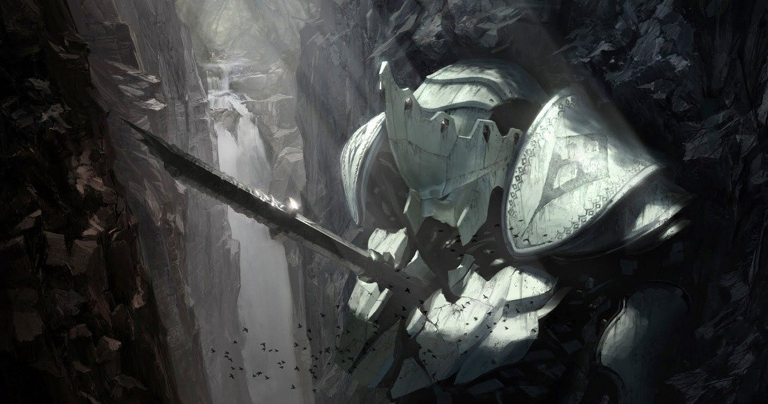 a lone warrior clad in ornate stone armor stands watch in a mountain pass. a waterfall cascades down a chasm behind them, its mist mingling with the shadowed depths. the warrior holds a large sword, its blade catching the faint light filtering through the cliffs above. a flock of birds circles in the distance, their silhouettes stark against the bright sky. the scene is rendered in muted tones of gray and blue, creating a sense of brooding anticipation.