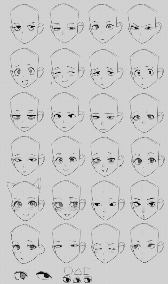 this is a drawing of a sheet of paper with several sketches of different anime girl faces with varying expressions. these include a happy face, a sad face, a sleepy face, an angry face, and many more. the expressions are drawn in pencil and are wellexecuted. the sheet of paper is clean and has no other markings on it except for the sketches of the anime girl faces. the sketches are all very detailed and realistic looking. the anime style is evident in the large eyes, small noses, and small mouths of the faces.