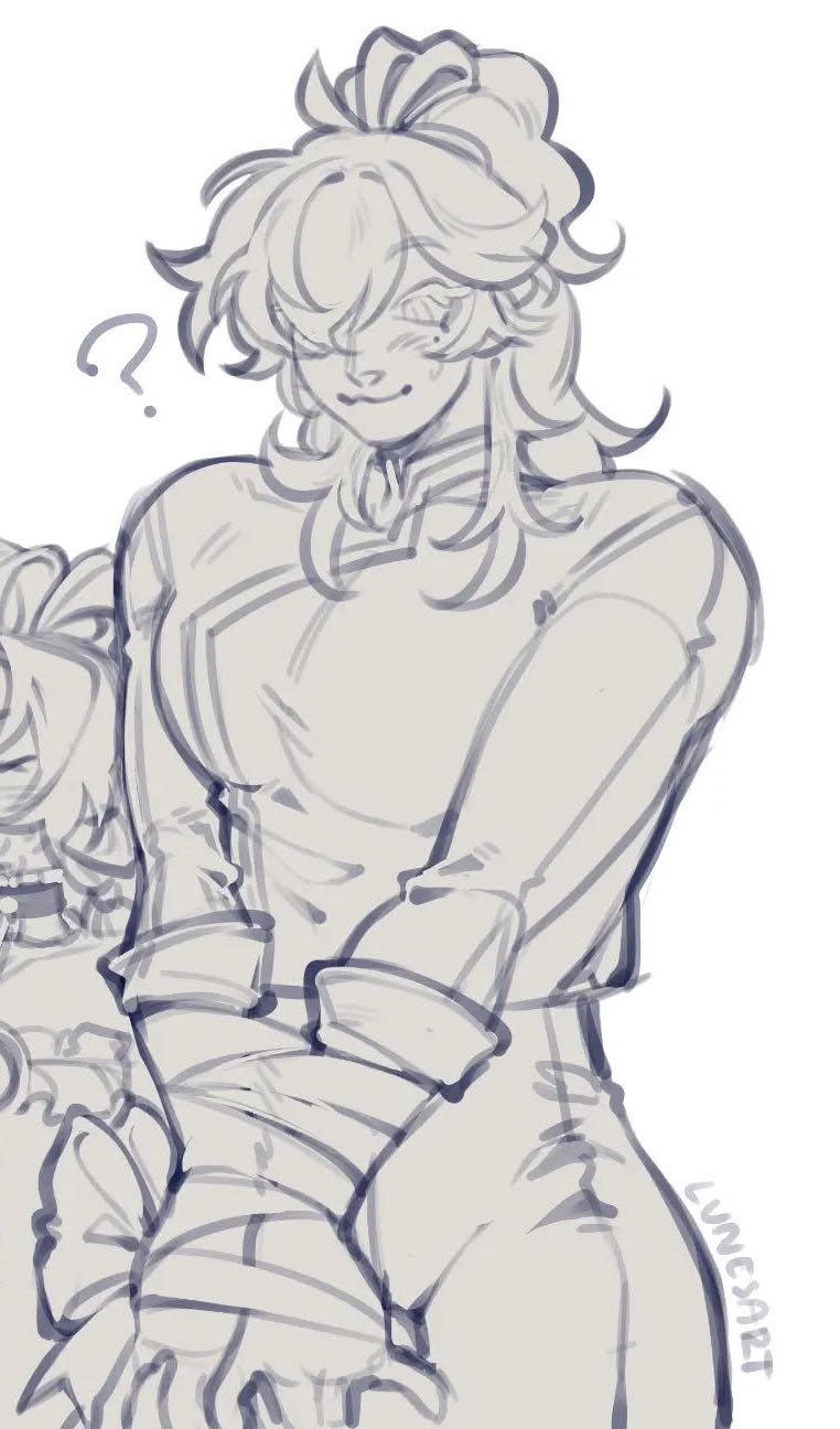 a digital sketch of an animestyle female character. she has long, wavy hair tied up in a loose bun, and is wearing a casual, collared outfit. she is slightly leaning forward, with her hands near her waist, and has a curious expression on her face. the style of the drawing is loose and sketchy, with visible brush strokes.  another, smaller, partially visible female character is behind her.  the overall tone is light and informal.