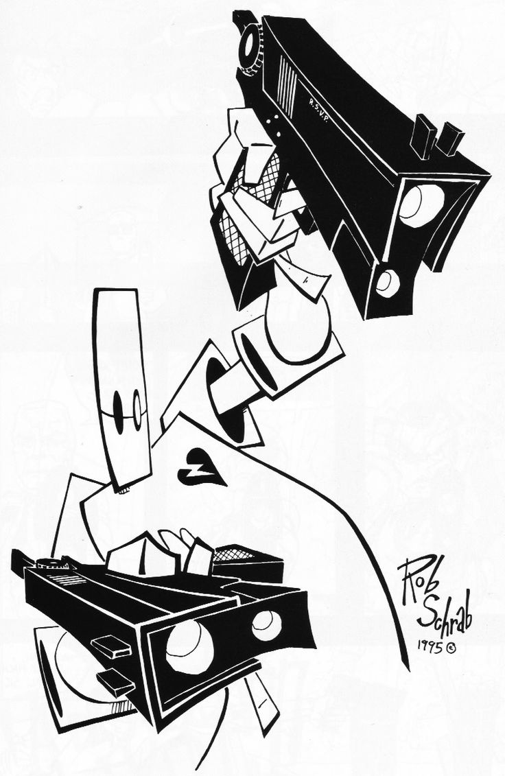 a black and white cartoon drawing of a robot holding a camera. the robot is drawn in a futuristic style. the drawing is by artist rob schrab and is dated 1975. the robot's head is a box with a single eye and mouth. the camera is a basic rectangular box with a single lens. the robot's body consists of an arm connected to a leg with a large foot. there are other shapes surrounding them that are not fully defined, giving the drawing an abstract feel. the background is white and the drawing is done with black lines.