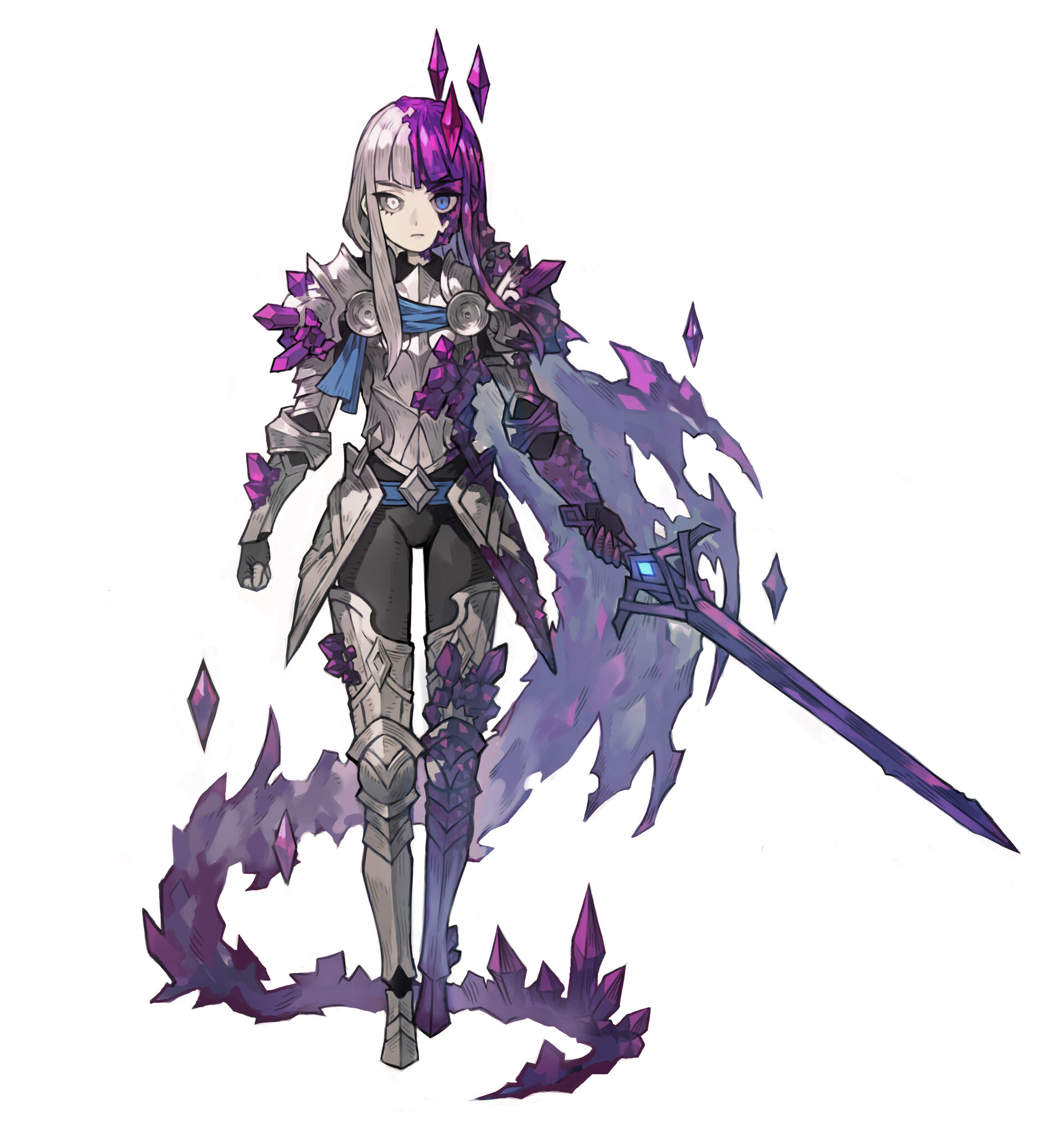 a female fantasy warrior stands against a white background. she wears silver and blue armor accented with glowing purple crystals. her right side, including half her face and hair, is also partially crystallized.  she wields a large sword with a blue crystal embedded in the hilt. a trail of purple crystalline energy flows behind her.