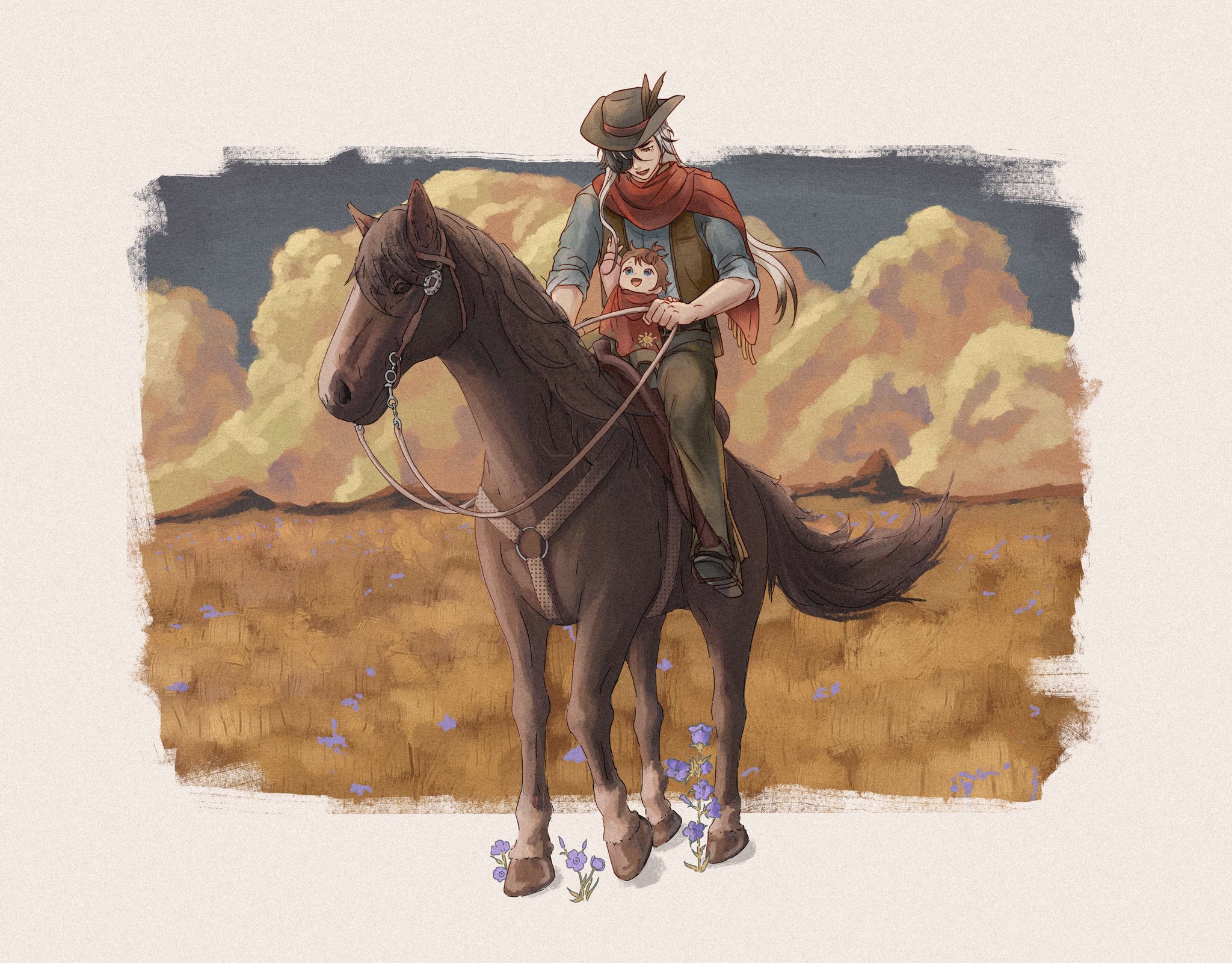 a cowboy rides a brown horse through a field at sunset, carrying a little girl in front of him. the sky is full of fluffy clouds and the ground is covered in grass and wildflowers. the cowboy is wearing a brown hat and a red bandana. the girl is wearing a red dress. the horse is trotting through the field, its mane and tail flowing in the wind. the scene is peaceful and serene.