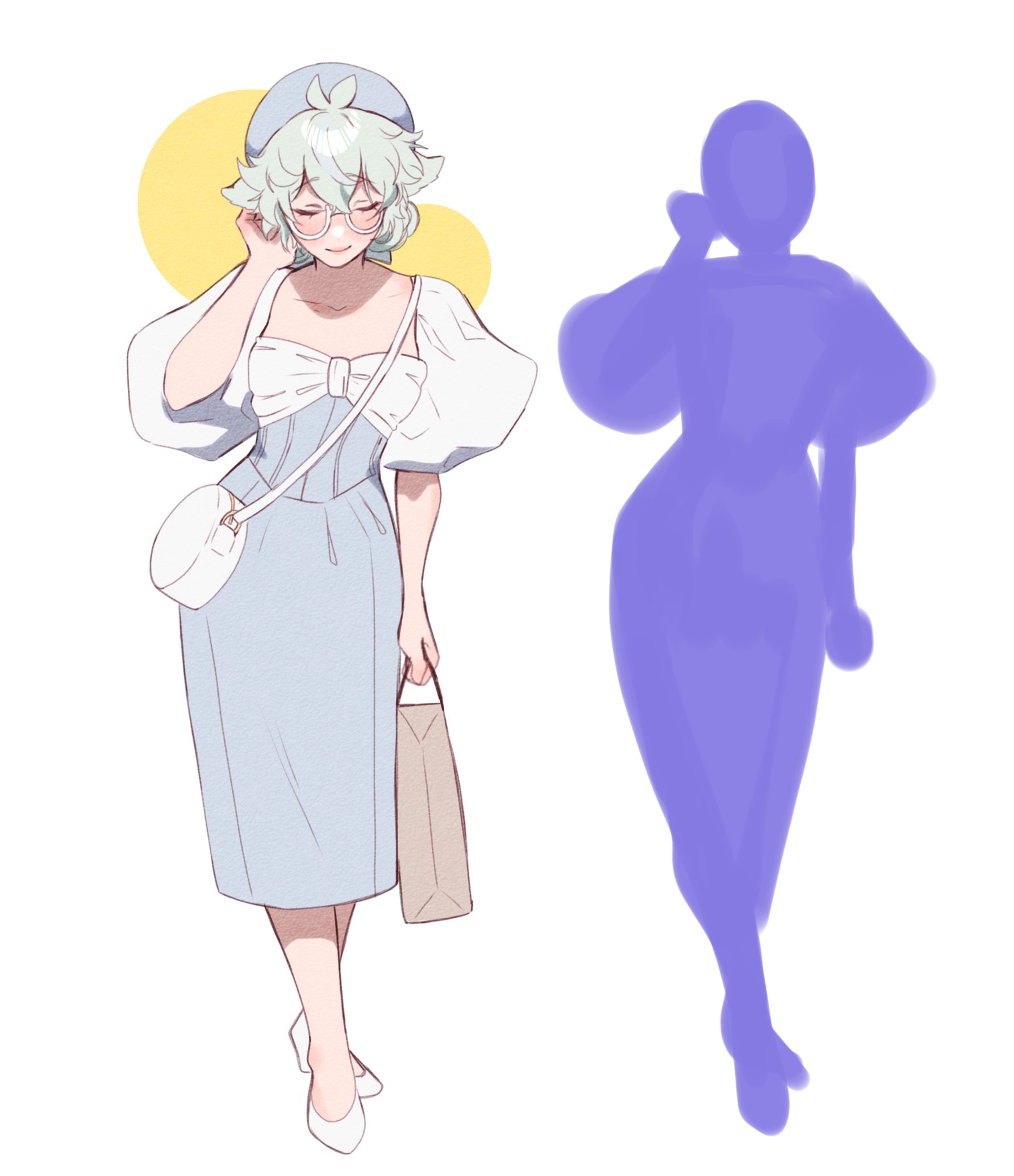 he image presents a stylishly dressed female character illustrated in a soft, pastel palette. she is wearing a light blue dress with puffed sleeves, a white beret, and round glasses. she holds a shopping bag in one hand and adjusts her glasses with the other. alongside the detailed illustration is a solid purple silhouette of the same pose, emphasizing the character's form and posture.