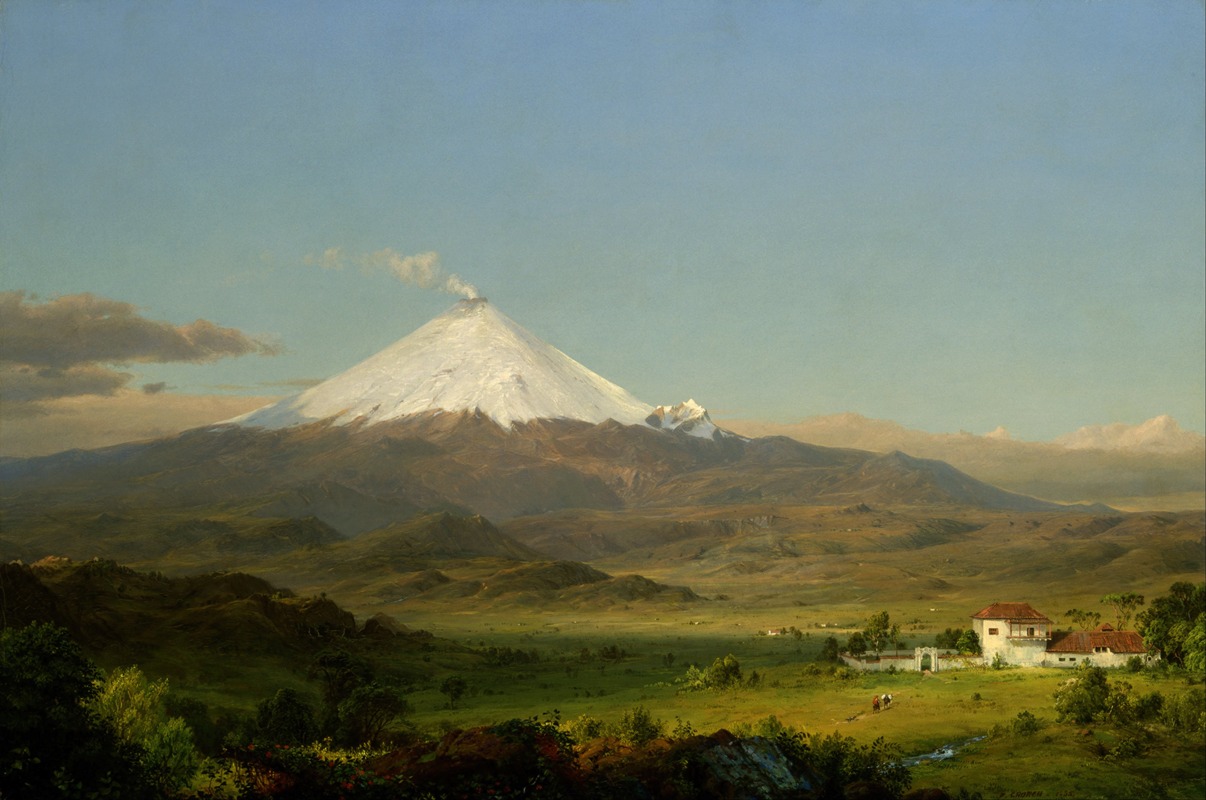 a painting of a broad, sunlit landscape dominated by the snowcapped volcano popocatépetl. the sky is a clear, pale blue with a few soft clouds. in the foreground, there are green fields and trees. a house and buildings are in the distance.