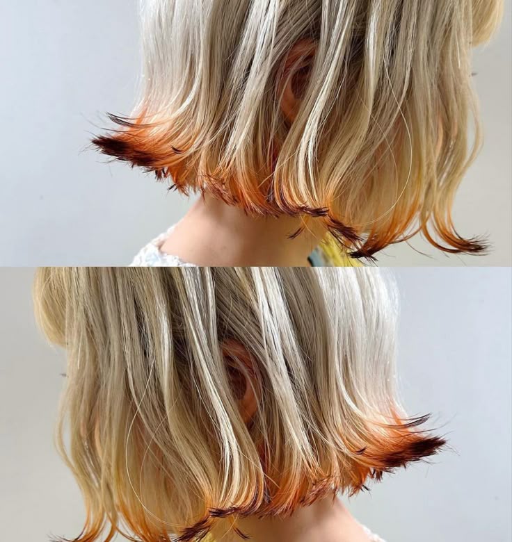 two closeup shots show the back of a person's head with a blonde bob haircut. the ends of the hair are dyed in shades of orange and brown. the person is wearing a lightcolored top.
