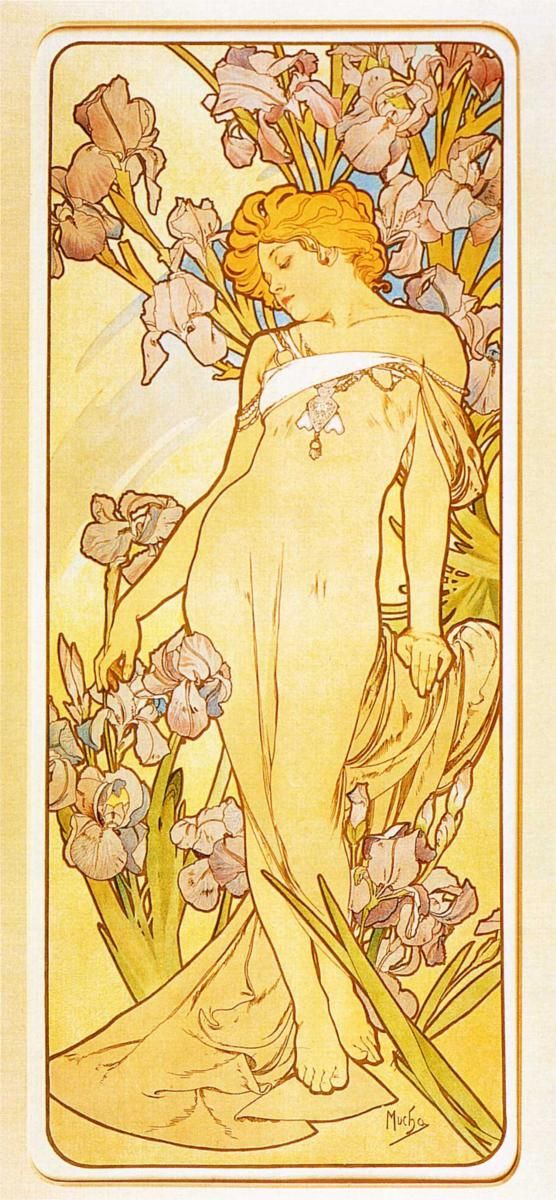 this art nouveau style painting by alphonse mucha depicts a nude woman standing amongst irises. she has red hair and fair skin. she wears a white sash and jewelry. the painting is a vertical composition and is dominated by shades of yellow, purple, and green. the style is characteristic of mucha, with flowing lines and a decorative floral motif.