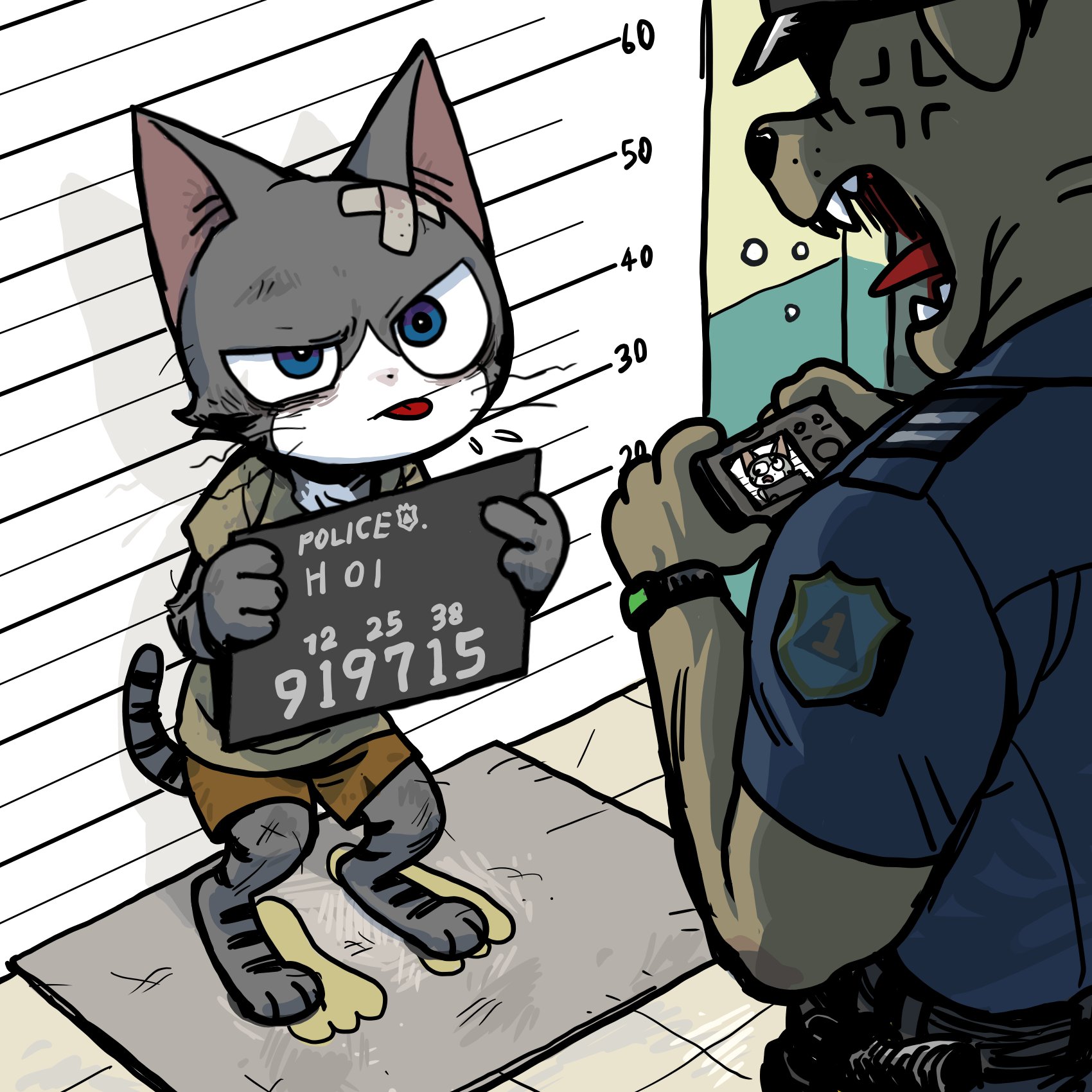 a cat is standing in a police lineup, looking serious and holding a mugshot board. a police officer is taking a photo of him. the cat is wearing a patch on its eye and a brown shirt. the officer is wearing a blue police uniform and a cap.  the officer looks intense and is yelling at the cat. the cat is surrounded by a brick wall with height measurements.