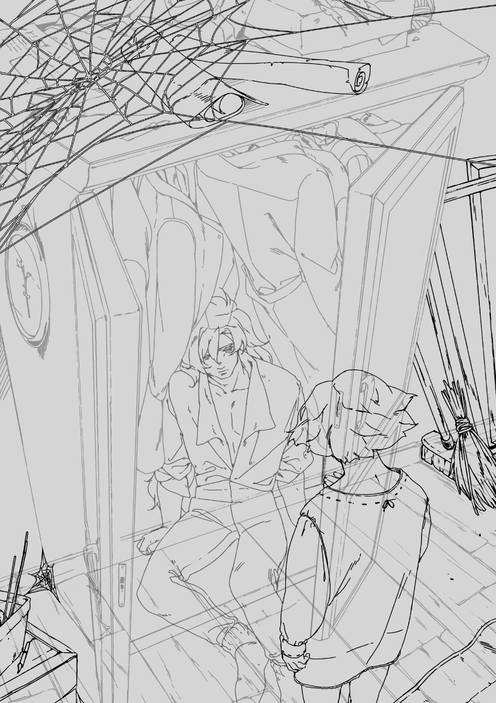 the image is a black and white line art sketch of an anime or manga scene. it features two characters, a man and a woman, standing in a room. the man is sitting on the floor with his legs crossed, and the woman is standing next to him. the man has his back to the viewer, and the woman is facing the viewer. there is a large, open closet behind them. the closet is full of clothes, and a spider web hangs from the top of it. the room appears to be fairly messy, with a lot of objects strewn about. the characters look like they are talking, and the woman is holding a piece of paper in her hand. the image is drawn in a simple, but effective style, and it captures a sense of mystery and intrigue.