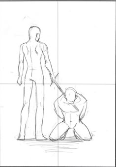this is a sketch of two figures. the figure on the left is standing and holding a sword, which is pointed at the figure on the right. the figure on the right is kneeling down and appears to be surrendering. the sketch is a depiction of a powerful and aggressive figure threatening another person, which could be a representation of violence, power, and fear. the sketch's style is a simple pencil drawing, with little detail. the use of lines and shadows is used to create a sense of depth and form in the figures. the image is open to interpretation and could represent a variety of narratives, from a historical scene to a fantasy battle.