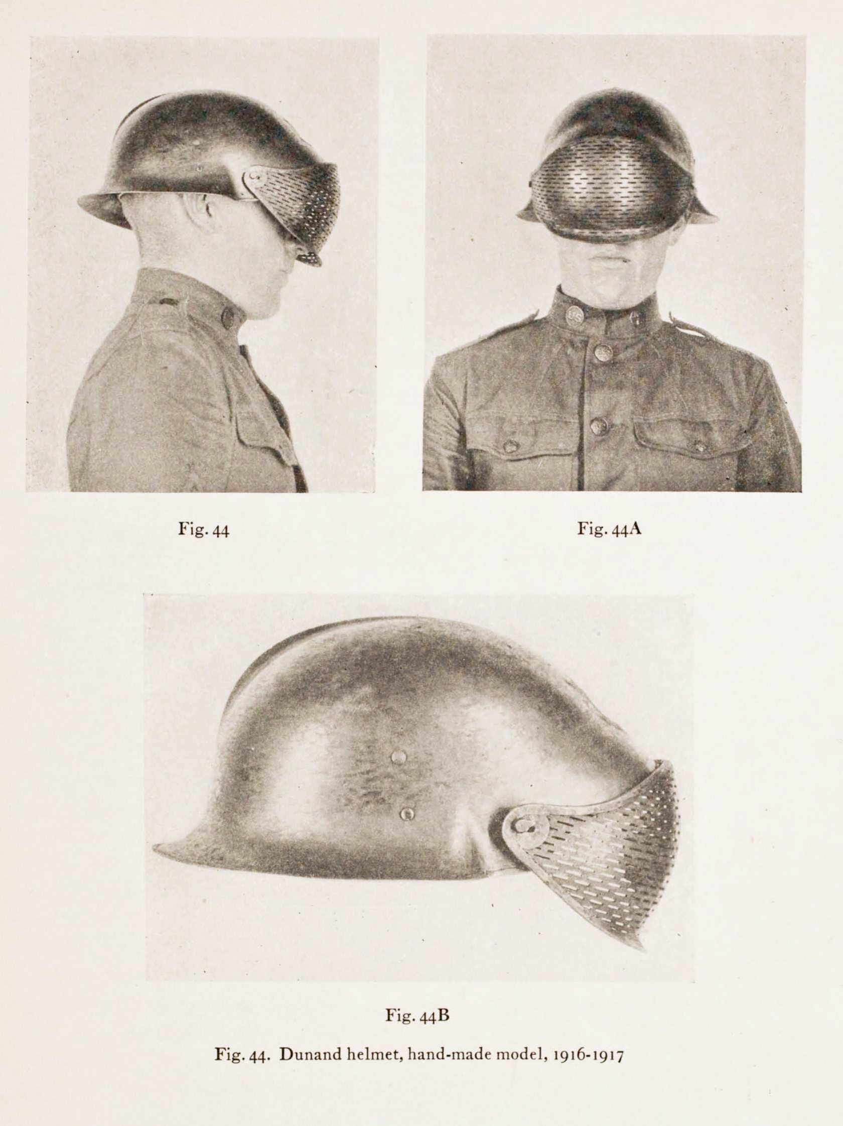this is a black and white image of a dunand helmet. the helmet is made of metal and has a visor that protects the wearer's face. there are three images of the helmet, one from the side, one from the front, and one from the back. the helmet is labeled as a handmade model from 19161917.