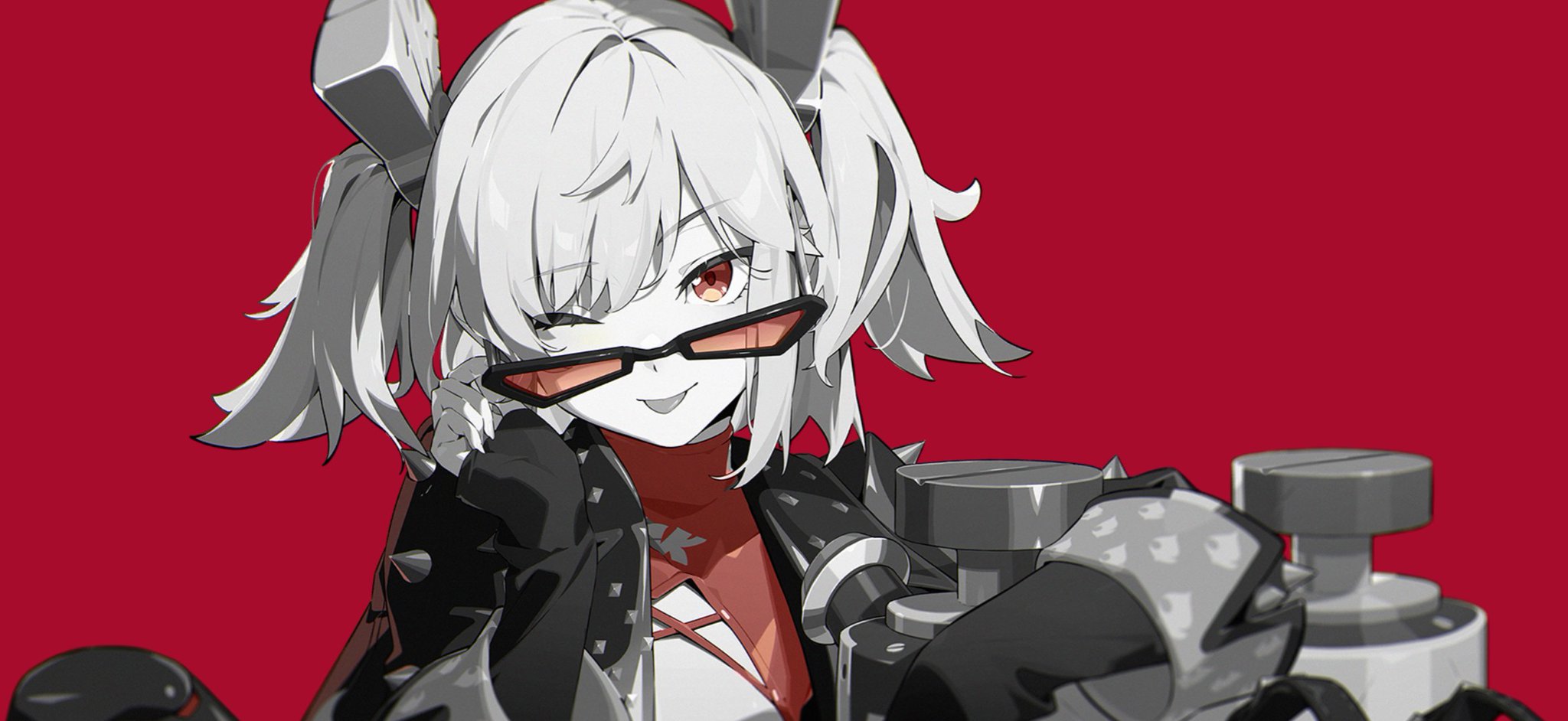 a digital illustration of a young woman with white hair and red eyes. she is wearing a black jacket and sunglasses, and has a robotic arm. she is looking at the viewer with a confident expression. the background is red.