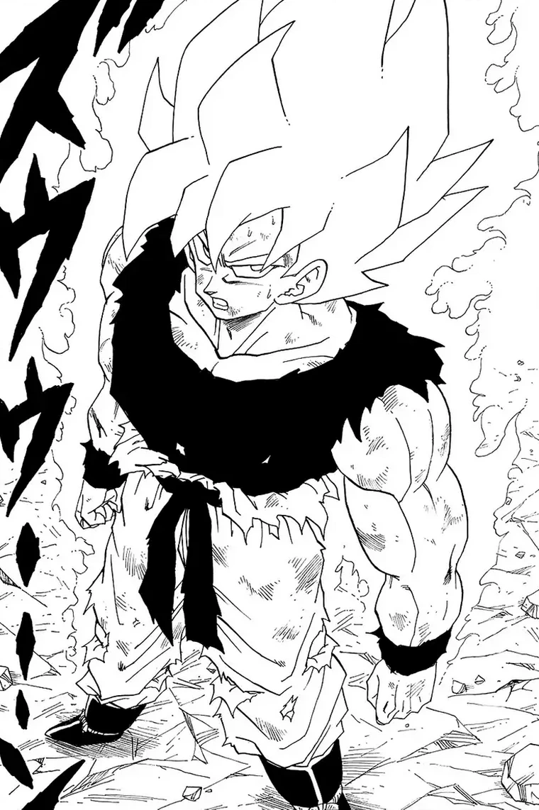 a black and white drawing of goku, a character from the dragon ball series, powering up in his super saiyan form. he is surrounded by smoke and stands on a rocky terrain, viewed from a low angle.  the image is drawn in a manga style with high contrast lighting.