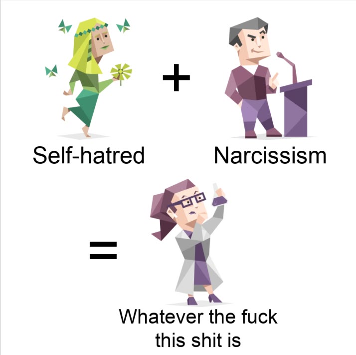the image is a diagram. it contains three different images of cartoon people in a specific lowpoly style. the first image on the left is of a green person and the text below it says "selfhatred". the second image is of a grey and purple man standing behind a podium and the text below it says "narcissism". between the two images is a plus sign. below both of those images is an equals sign. and below the equals sign is a woman with glasses and a lab coat holding a beaker, and below that text that says "whatever the fuck this shit is".