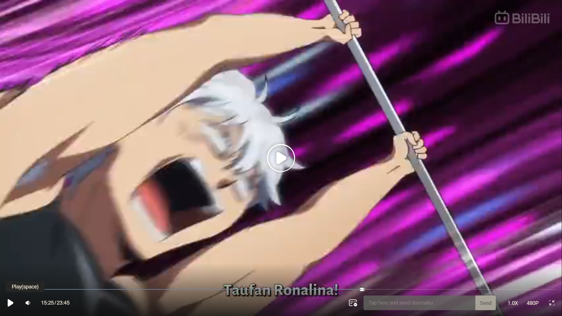 a screenshot of an anime character lifting weights while screaming. the background is purple with motion blur.```