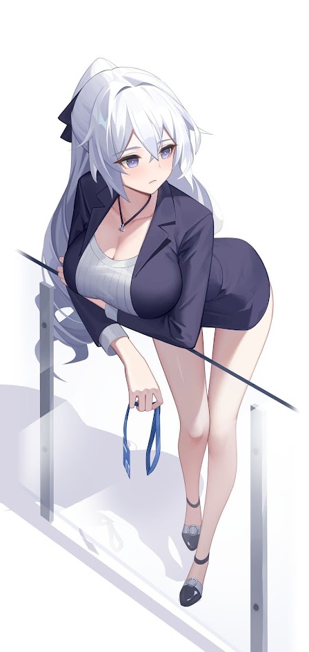 an anime girl with long white hair, wearing a black blazer and white shirt, leans on a railing with a blue lanyard in her hand. she is wearing black heels and has a white background.