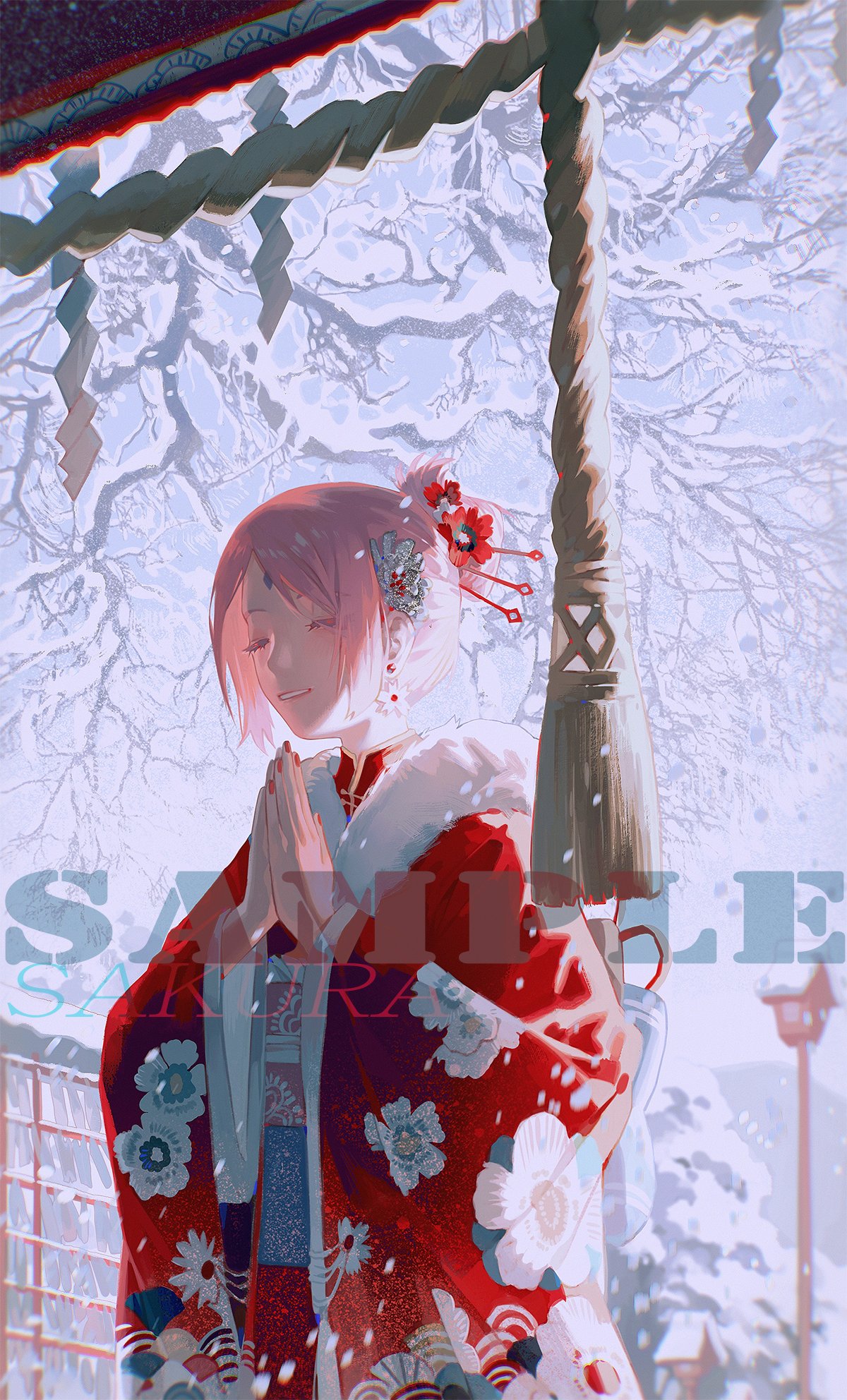 the image showcases an anime girl adorned in a vibrant red and white kimono, standing gracefully against a backdrop of a snowcovered winter landscape. her pink hair flows gently, and her delicate hands are clasped together in a gesture of prayer or contemplation. the scene exudes a sense of peace and serenity, with the soft snowfall adding to the ethereal atmosphere. the girl's gentle smile hints at a sense of joy and contentment. the intricate patterns of her kimono and the delicate details of her attire enhance the overall beauty and elegance of the image. the overall composition creates a sense of depth and dimension, with the focus being on the girl, while the background elements blend seamlessly, adding to the enchanting and dreamlike quality of the artwork. the artwork suggests a story of faith, hope, and the beauty of the natural world, leaving the viewer to interpret the deeper meaning behind the girl's serene expression.