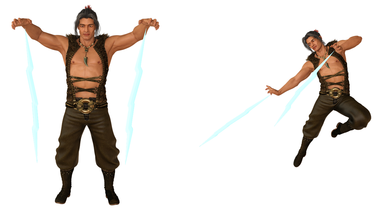 a digital artwork depicts a muscular male character in two poses, set against a black background. in the first pose, he stands with arms outstretched, holding lightning bolts in each hand. he wears tribalstyle clothing, including a leather vest and pants, and a necklace with a tooth pendant. the second pose shows him in a dynamic stance, also holding lightning bolts, suggesting action or movement.