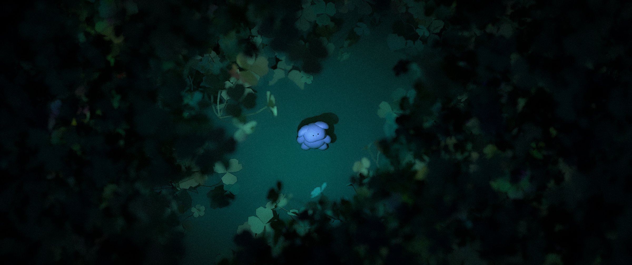 a single, small, light blue stuffed animal lays in the center of a dark and shadowed forest floor.  the view is from above.  the forest floor is a dark teal color with dark green leaf and branches.  it appears to be nighttime.  the mood is mysterious and lonely.